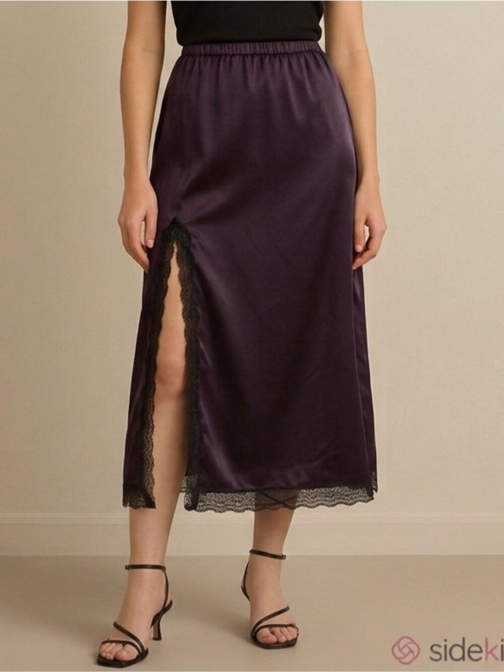 Vintage Black Satin Slip Midi Skirt w/ Lace Trim and Side Slit - Medium